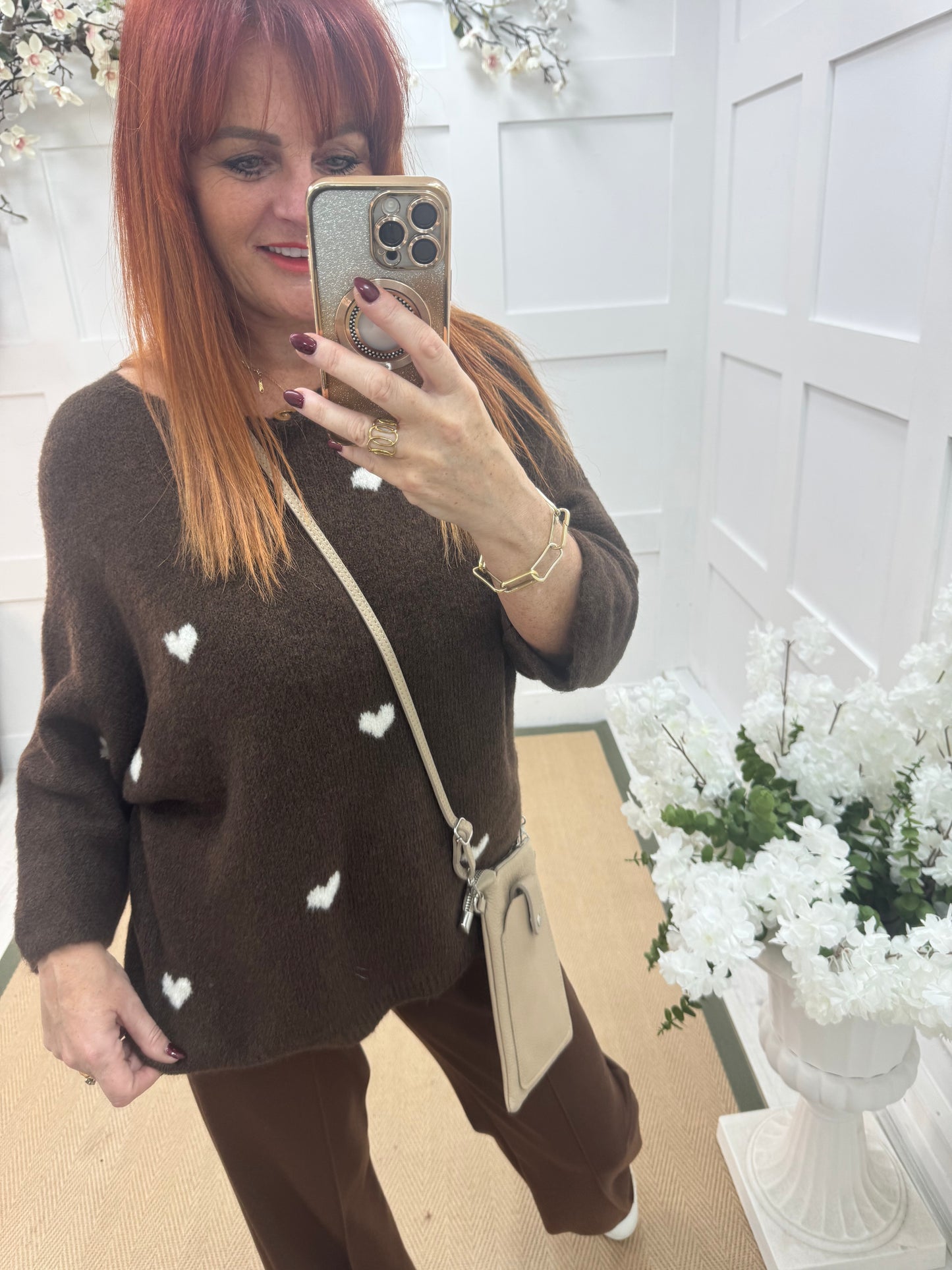 Eleanor: Brown and cream heart wool top. One size: 12-18