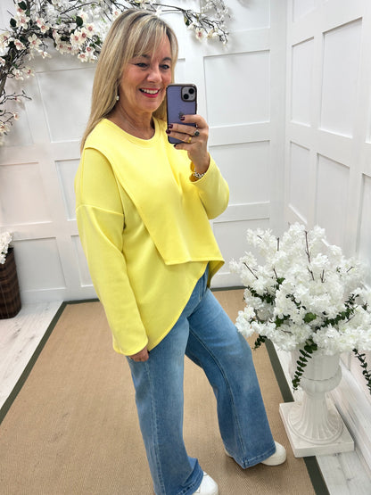 Phoebe: Yellow over lay front oversized top . One size: 14-18