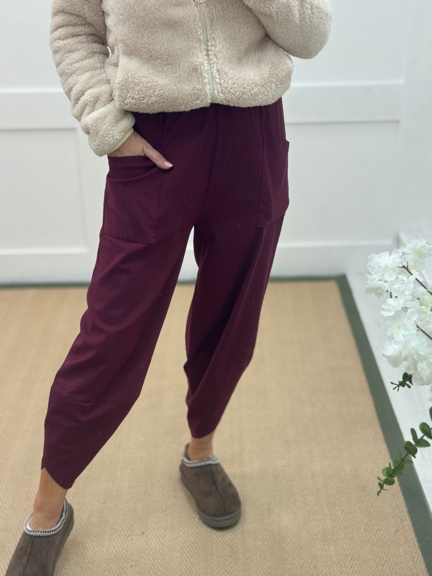 Taylor: Burgundy cocoon harem trousers. One Sz: 10-16