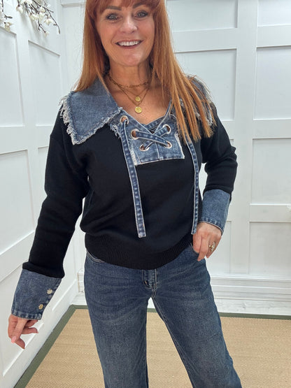 Malin: Black denim collar long sleeve top. One size: 12-18
