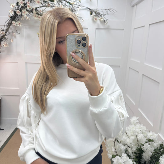Athens: White short tassel sweatshirt. One size: 10-16