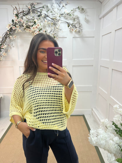 Holly: Lemon 3/4 sleeve holey open knit top. One Sz: 14-18