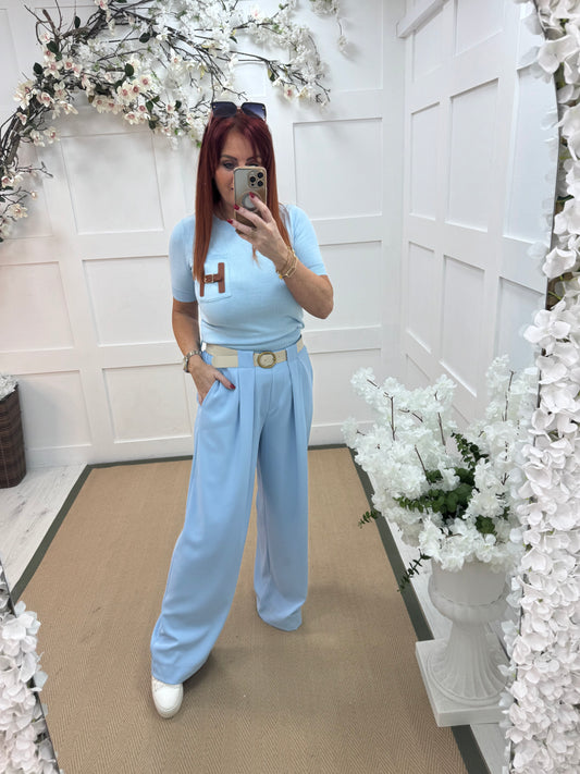 Trinity: Blue wide leg belted trousers. One size: 10-16