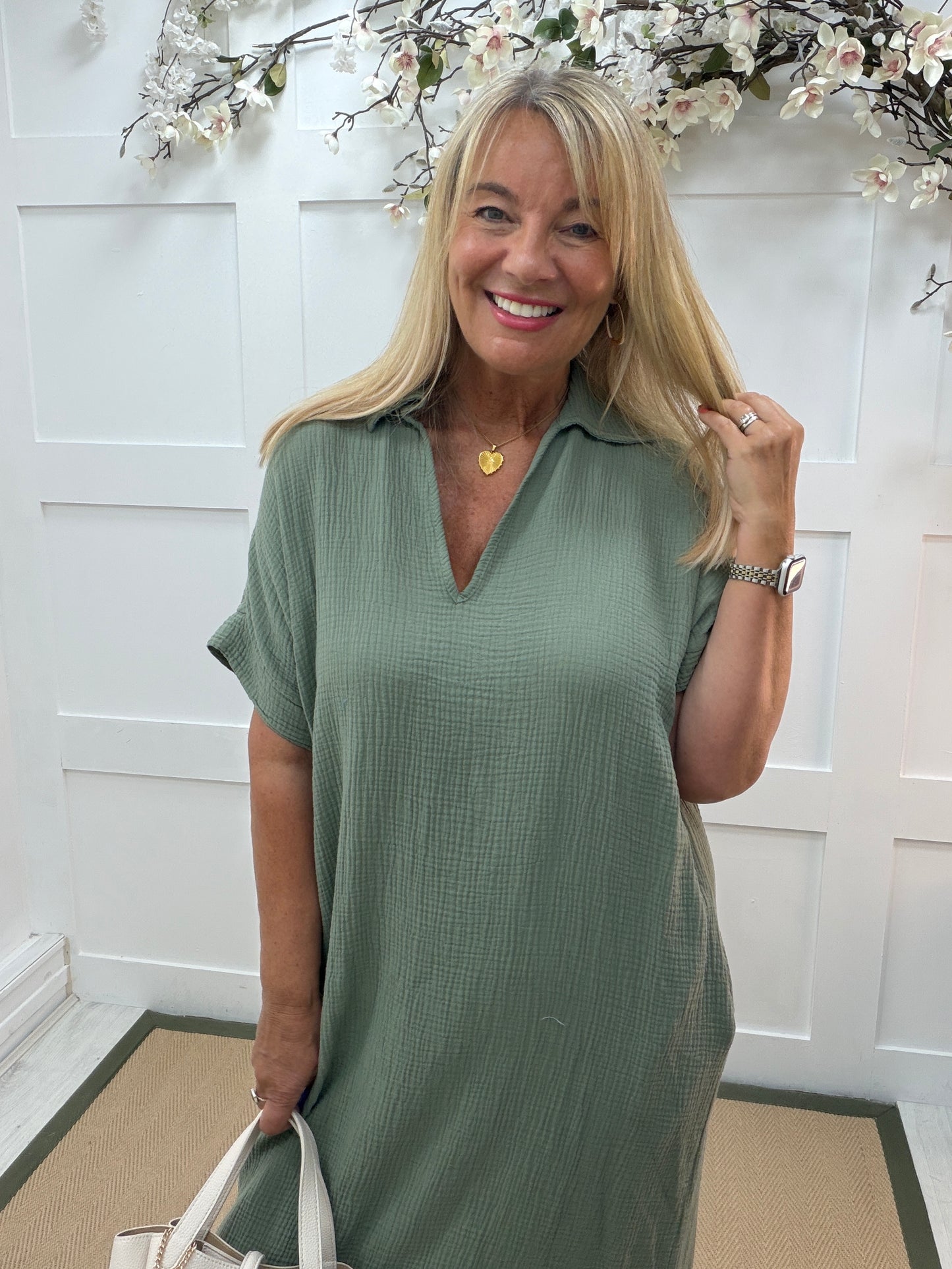Shannon: Cheesecloth V neck midi dress with pockets. One size: 14-18. 3 colours