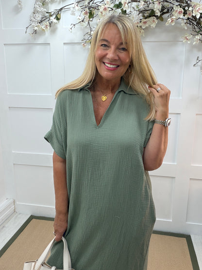 Shannon: Cheesecloth V neck midi dress with pockets. One size: 14-18. 3 colours