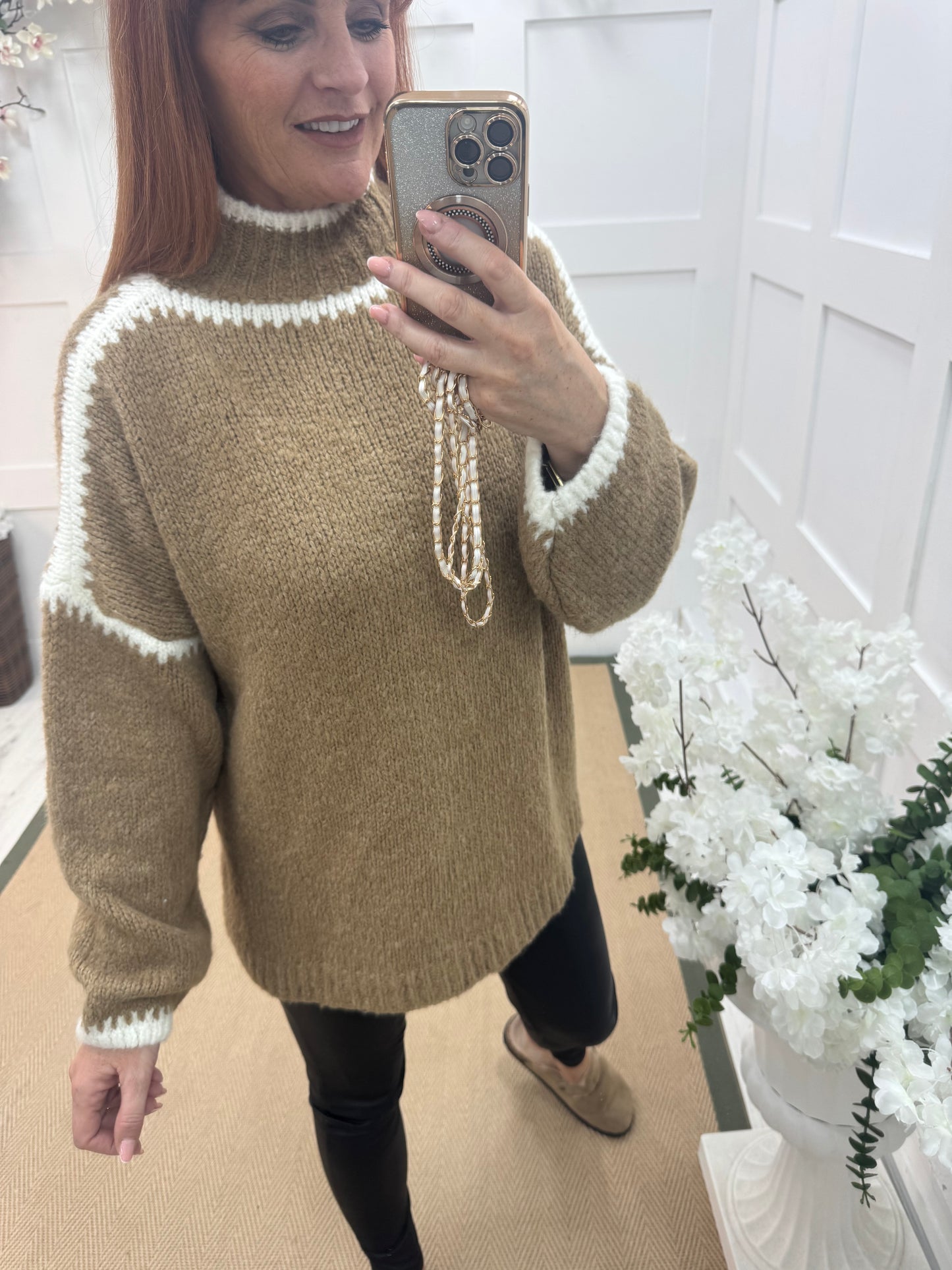 Sonia: Sand & white slouchy jumper. One size 14-18