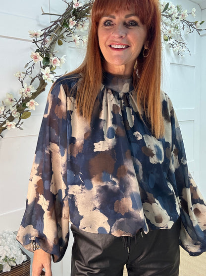 Holly: Navy & cream print high neck top. One size: 10-16