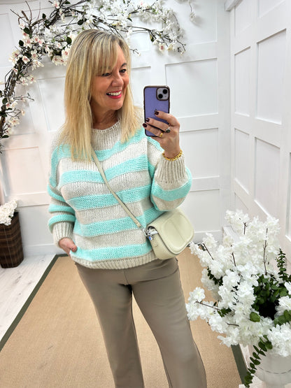 Beth: Mint & cream stripe knitted top. One Sz: 12-18