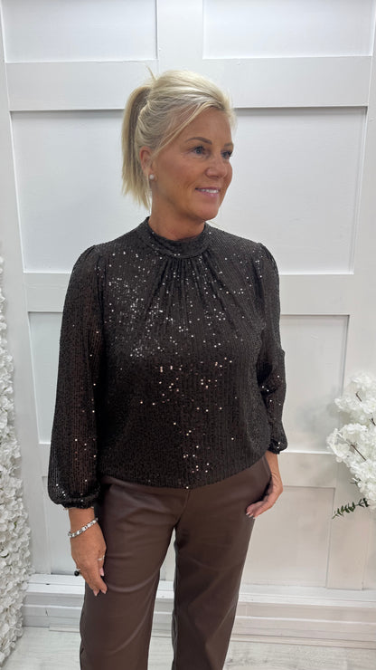 Mia: Brown high neck sequin top. One size: 10-16