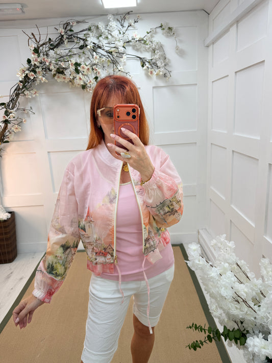 Kira: Silky holiday scene bomber jacket. One size: 8-16. 3 colours