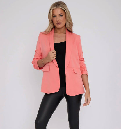 Jody: Coral ruched sleeve blazer. Sizes 10-18