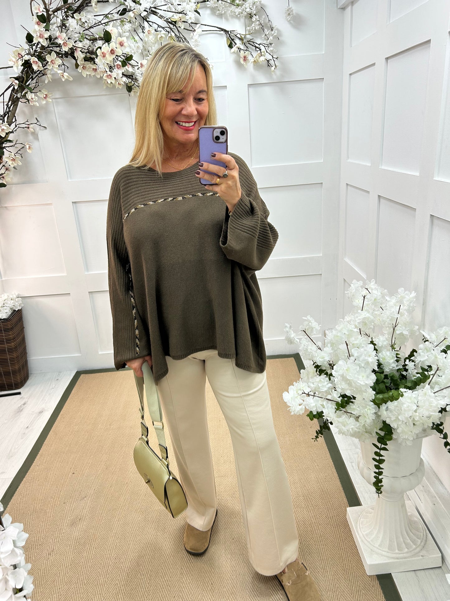 Indra: Brown oversized diamanté stripe top. One size: Free size