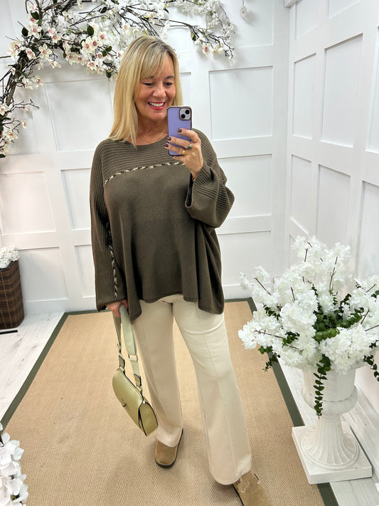 Indra: Brown oversized diamanté stripe top. One size: Free size