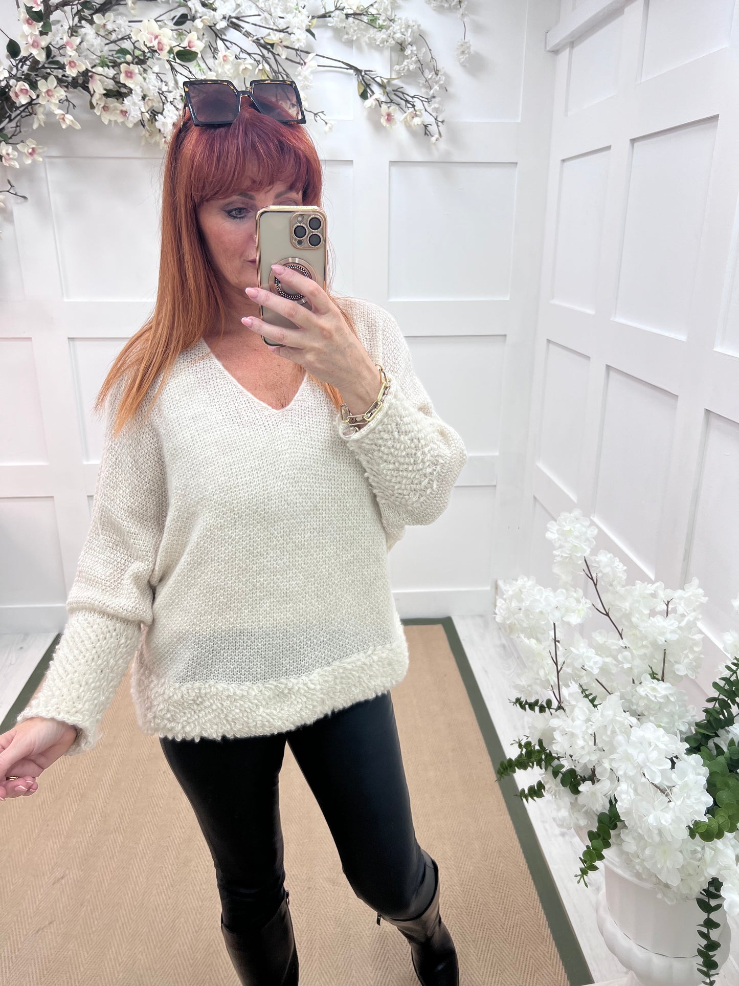 Fran: Cream wool V neck top. One size 12-18