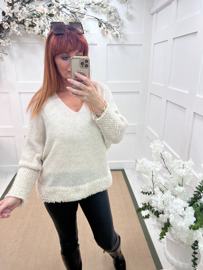 Fran: Cream wool V neck top. One size 12-18