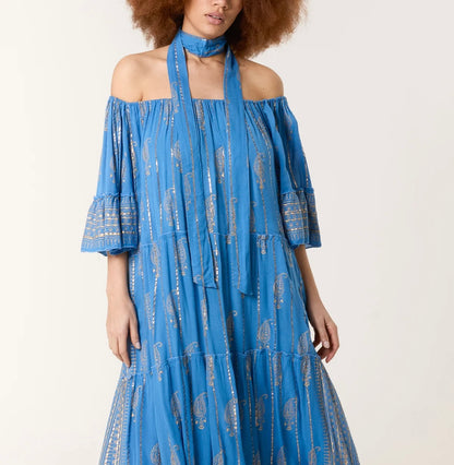 Candy: Blue gold foil maxi dress with belt. One size: 14-22