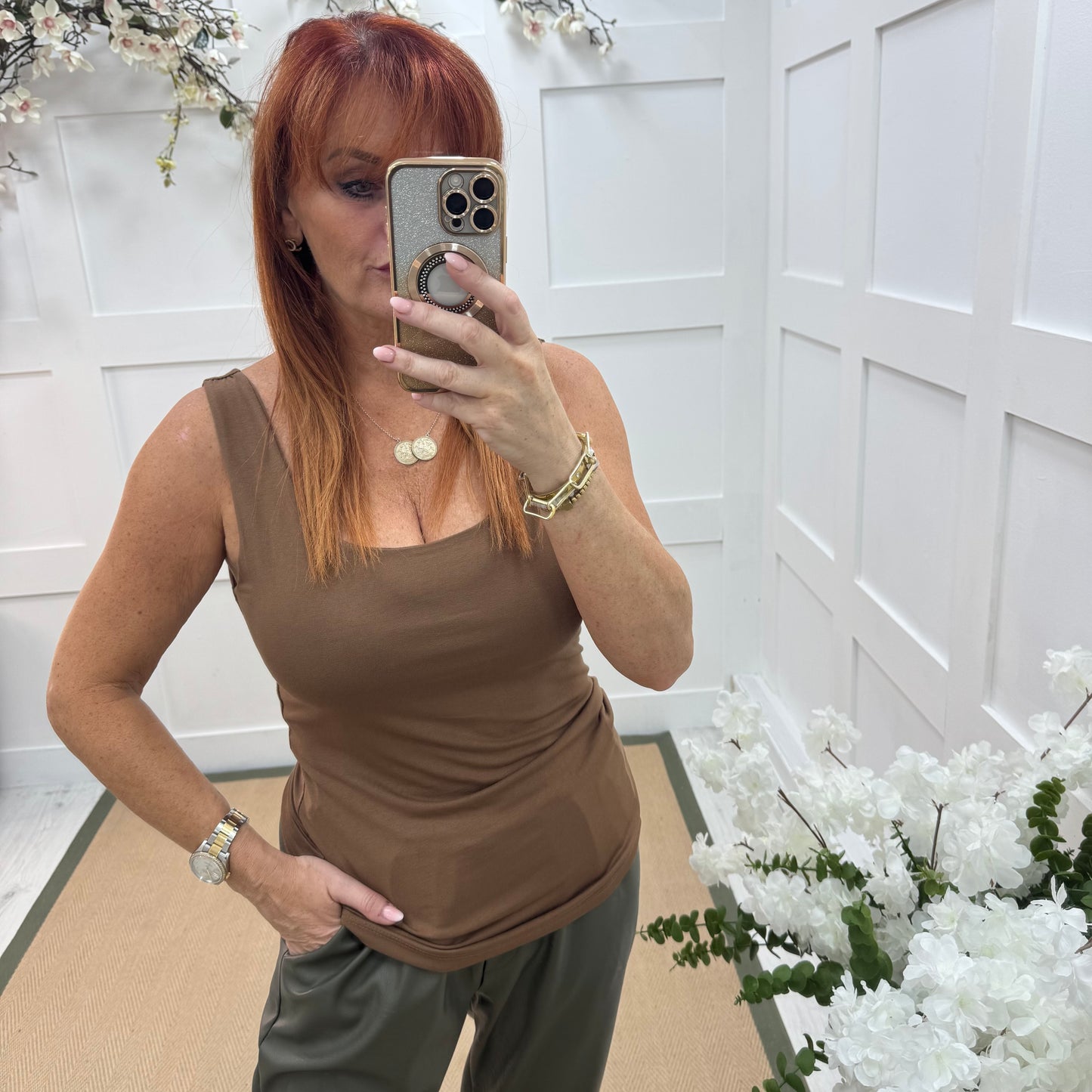 Abigail: Stretchy coffee brown vest top. 2 sizes