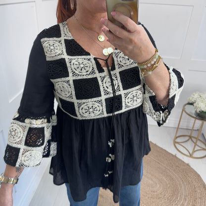 Rosie: Black crochet & shell smock top. One size: 8-14