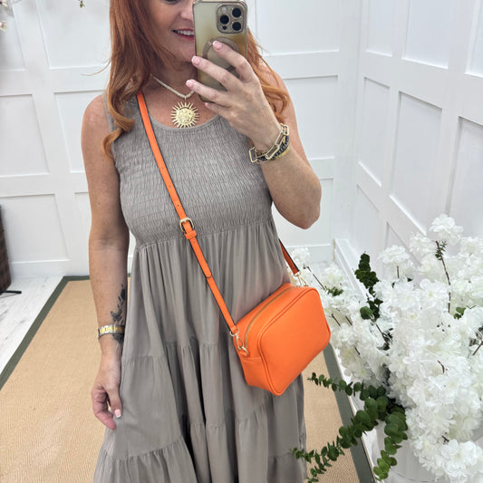 Melody: Mocha shirred midi dress. One size: 12-18