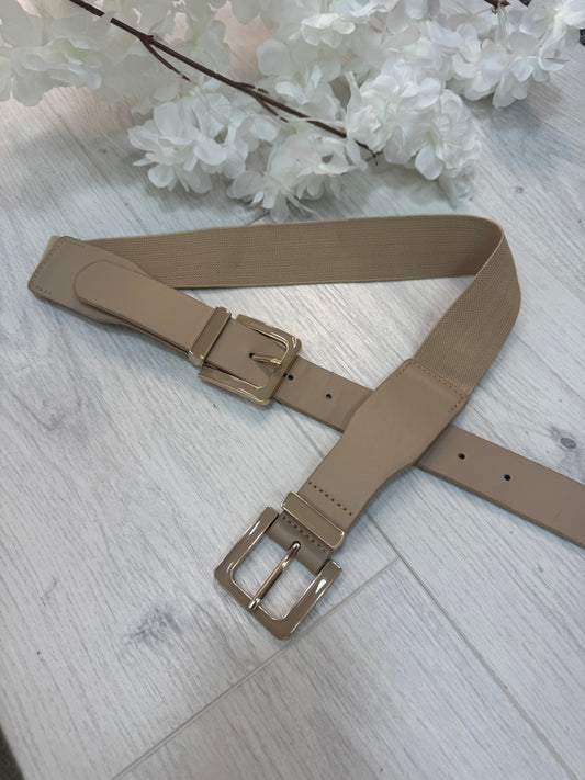 Katia: Beige gold double buckle wide belt. One size: 8-16