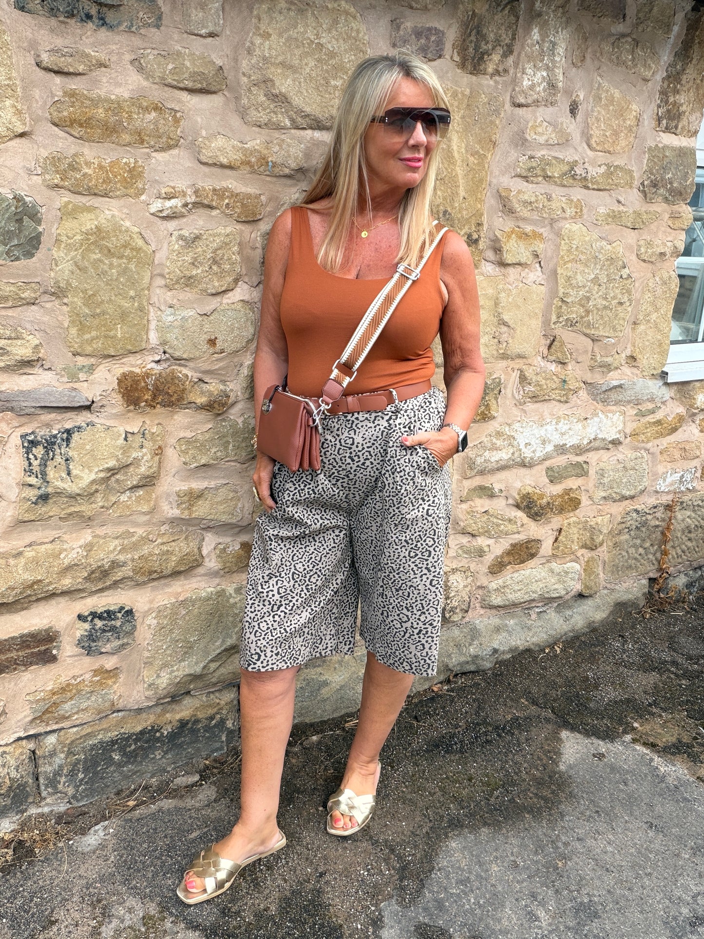 Leah: Leopard print bermuda knee length shorts. One size: 10-16. 3 colours