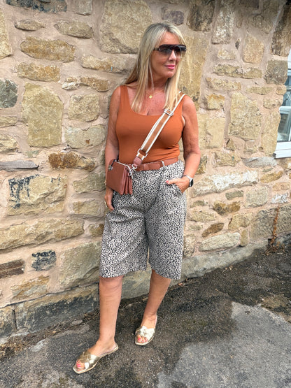 Leah: Leopard print bermuda knee length shorts. One size: 10-16. 3 colours
