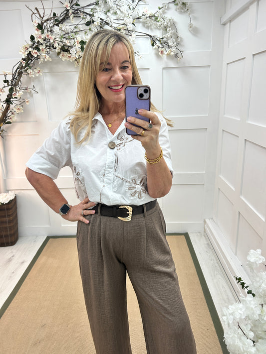 Wren: White & brown embroidered shirt top. One size: 12-18