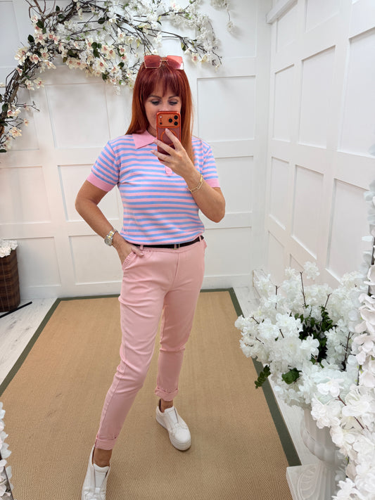 Marley: Pink stretchy frill pocket magic trousers. One Size: 8-14