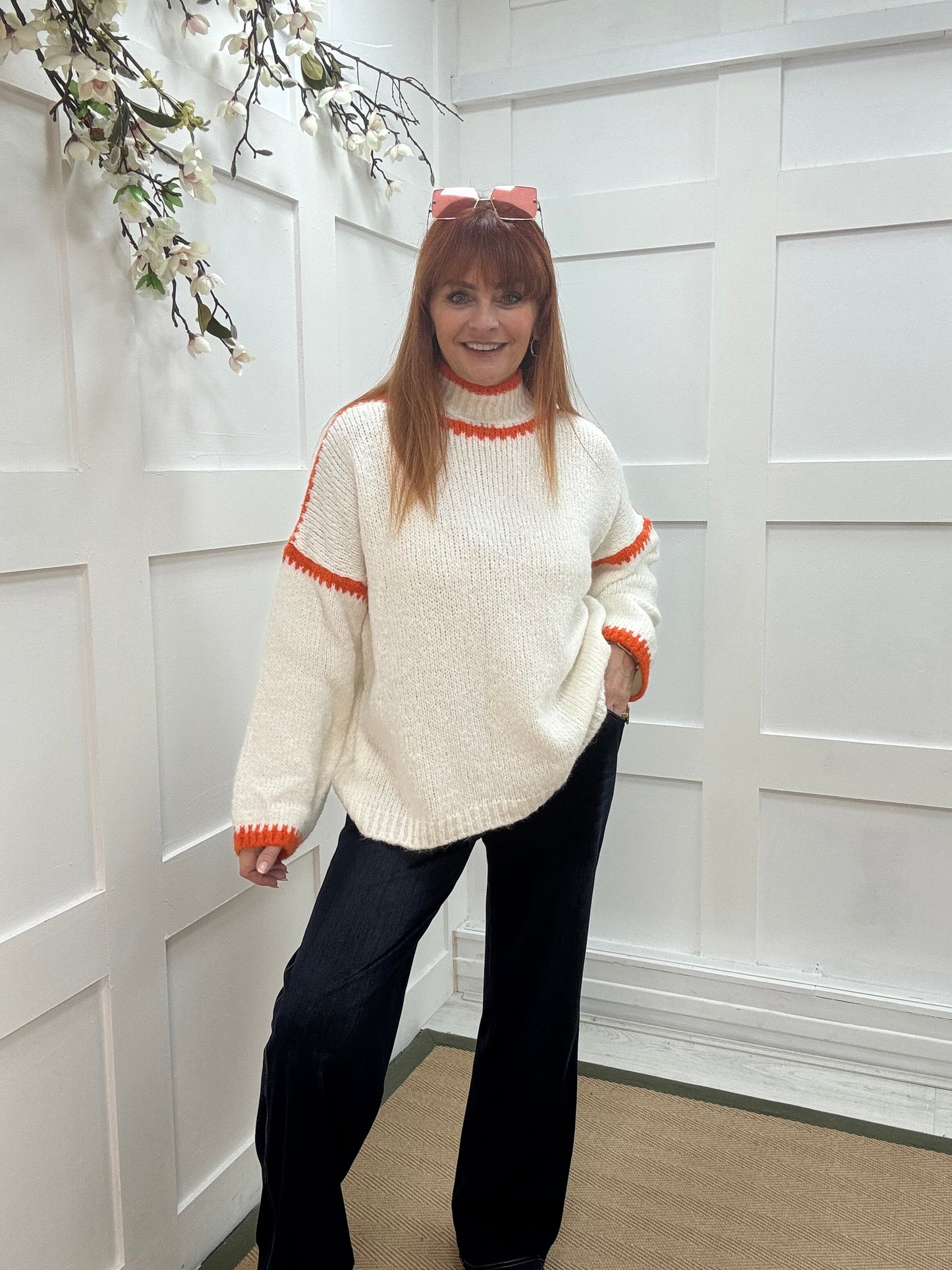 Sonia: White & orange slouchy jumper. One size 14-18