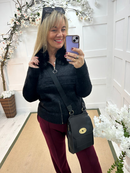 Freya: Black faux fur collared jacket . One size: 12-18