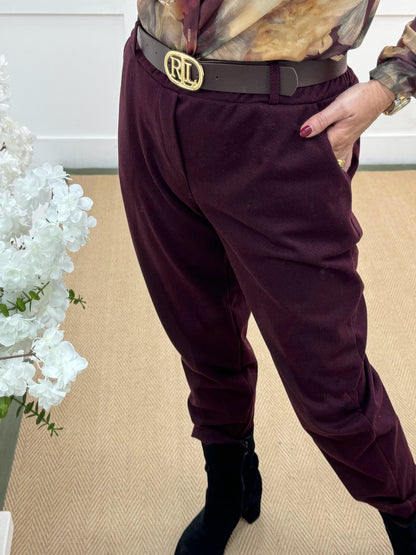 Rylee: Burgundy herringbone belted trousers. One size: 10-14