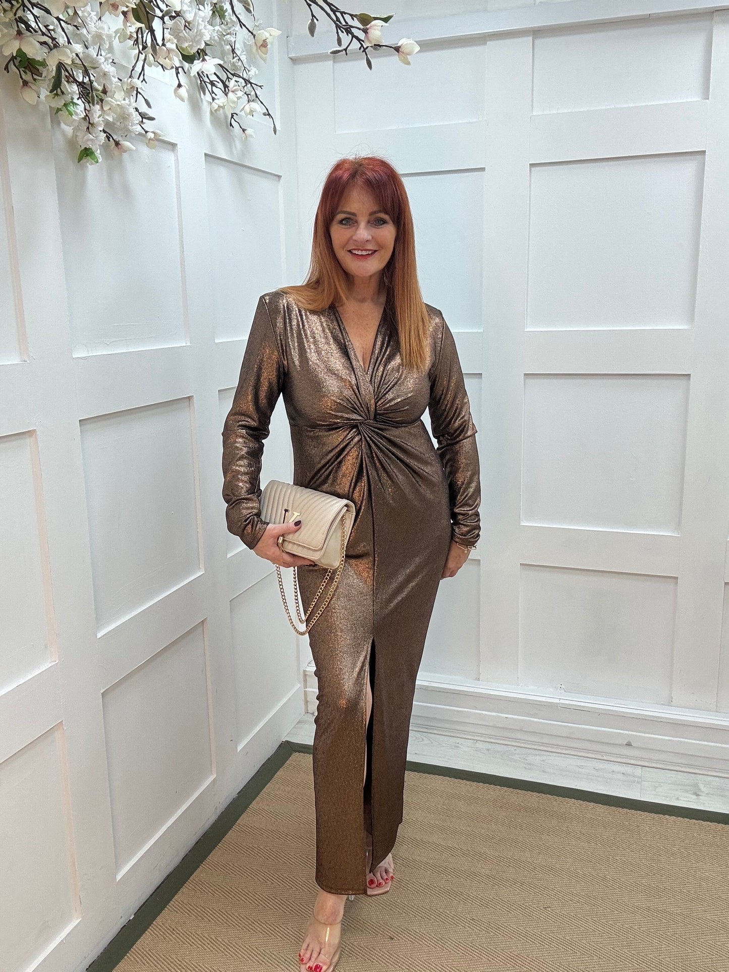 Maya: Bronze metallic twist front bodycon dress. Sizes: 8-14