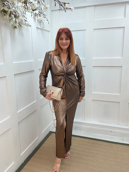 Maya: Bronze metallic twist front bodycon dress. Sizes: 8-14
