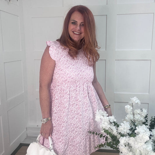 Fern: Baby pink ditsy floral stretchy short dress. One size 8-16