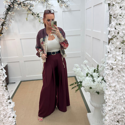 Zina: Burgundy pocket wide leg trousers. One size: 8-14