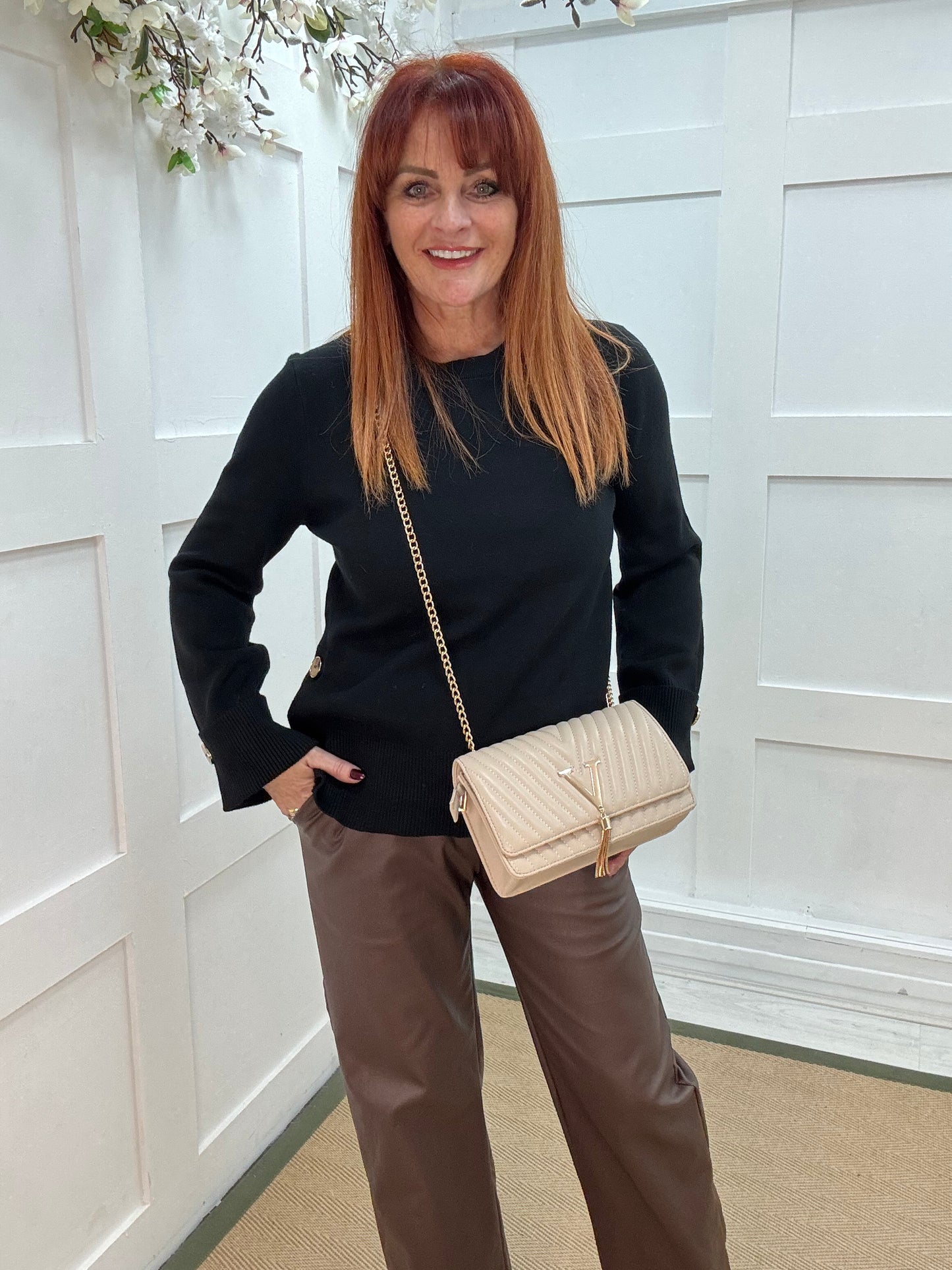 Clare: Beige quilted gold V evening bag