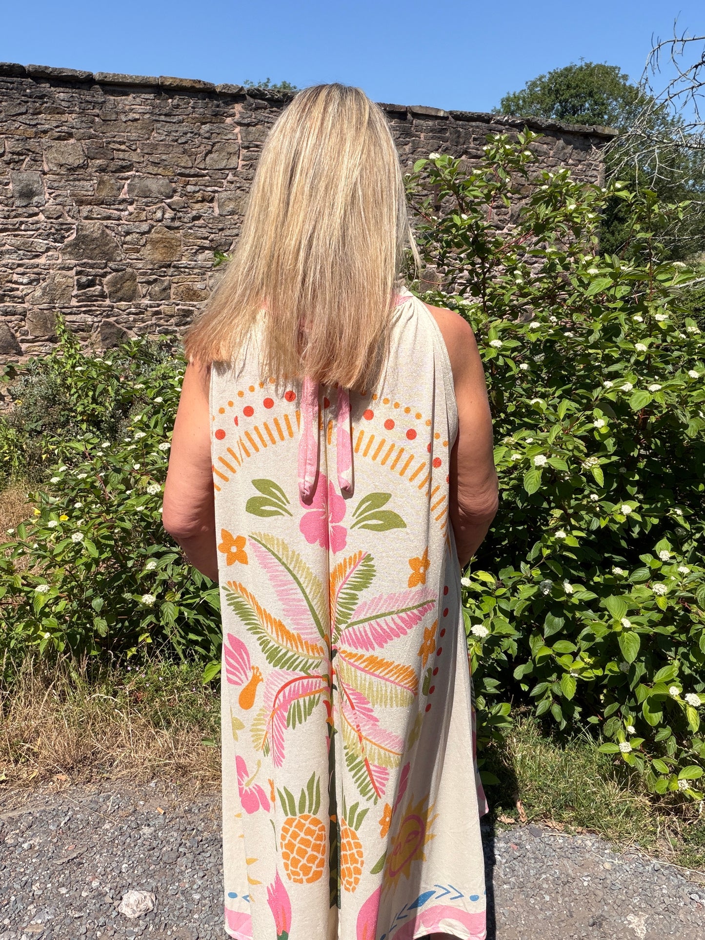 Paloma: Halter neck tropical print maxi dress. One size 12–18. 2 colours