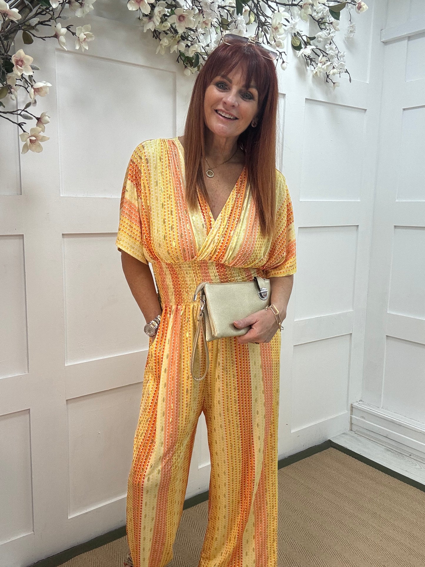 Gia: Yellow and gold speckle wide leg jumpsuit. One size: 12-18