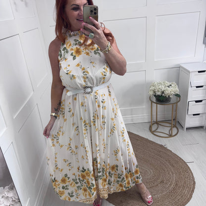 Carla: White & lemon floral pleated midi dress. One size 16-20/22