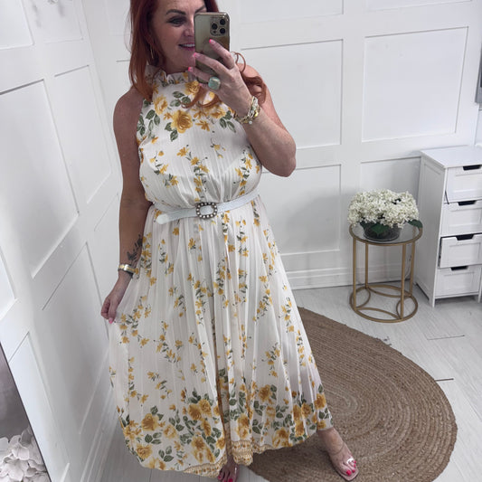Carla: White & lemon floral pleated midi dress. One size 16-20/22