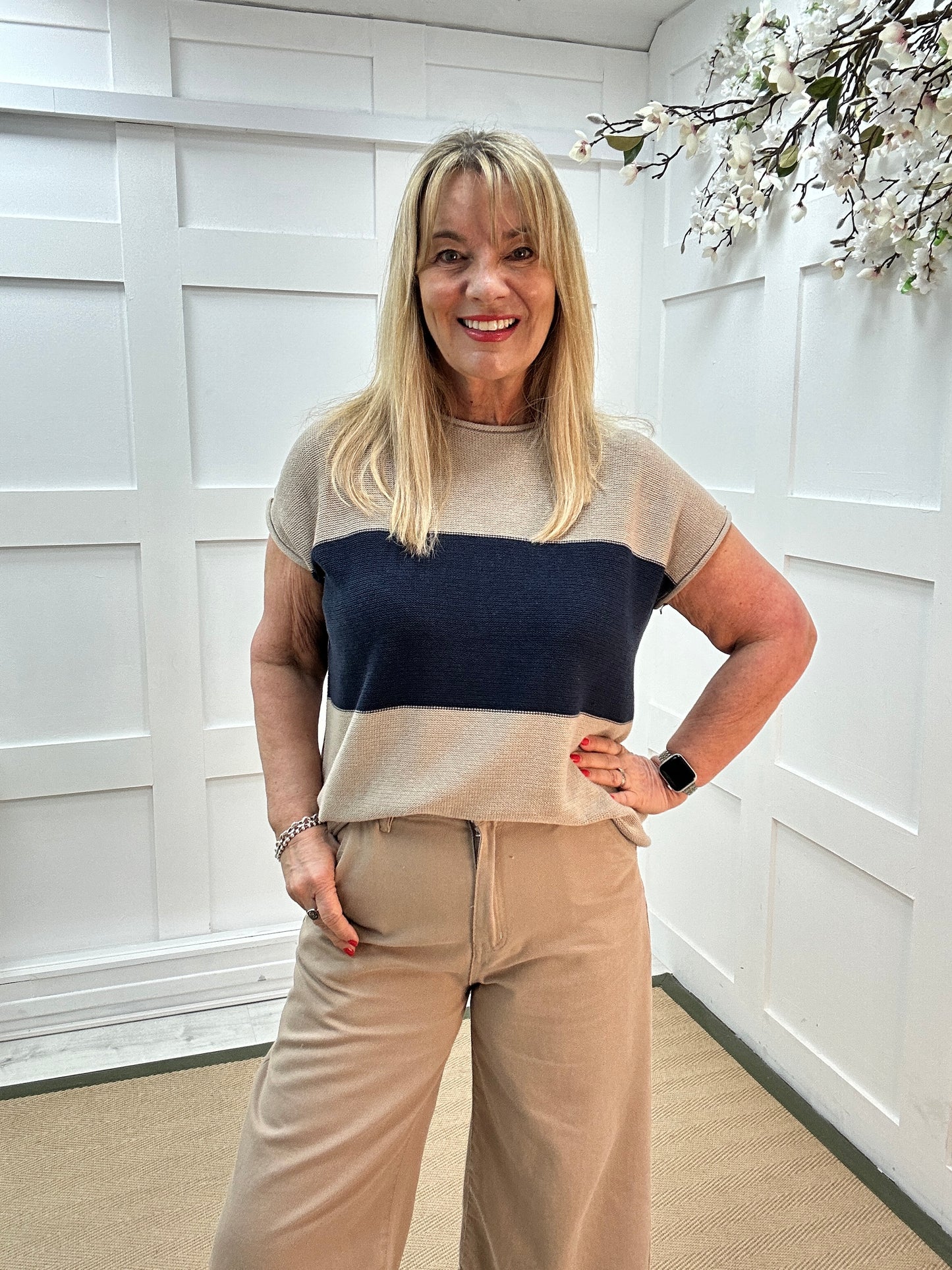 Selma: Stone & navy block stripe top. One size: 12-18