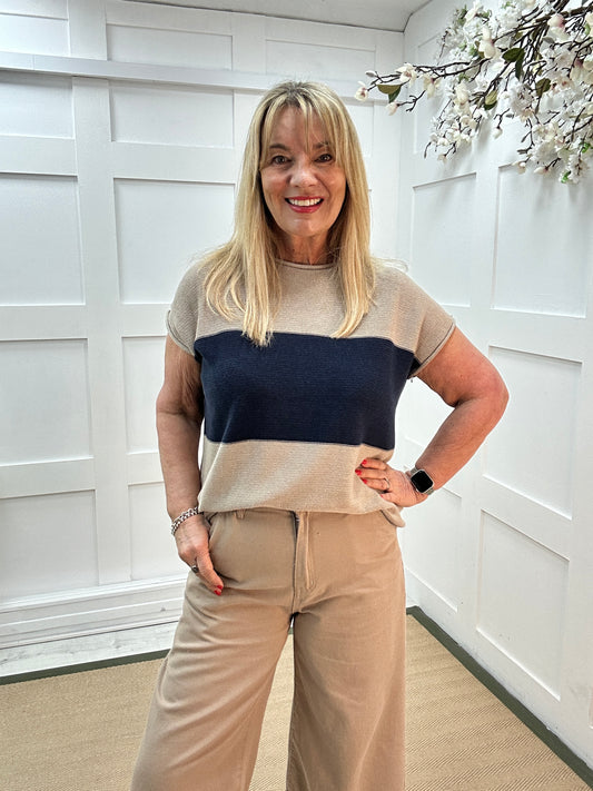 Selma: Stone & navy block stripe top. One size: 12-18