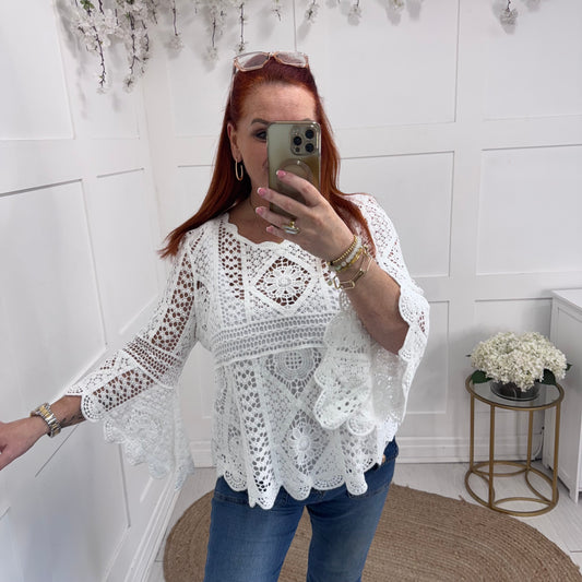Morgan: White fluted arm crochet top. One size: 10-18