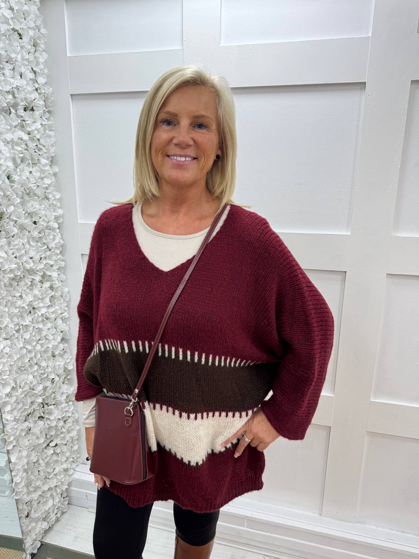 Wren: Burgundy V neck long stripe jumper. One size 14-20