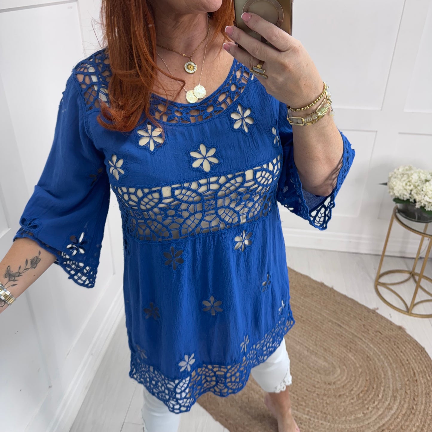 Lydia: Longline blue lace tunic top. One size: 10-16