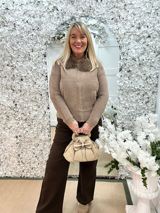 Freya: Brown faux fur collared jacket . One size: 12-18