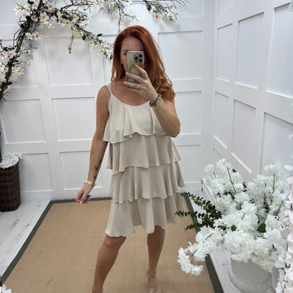 Rachel: Cream short tiered rara dress. One size 8-16