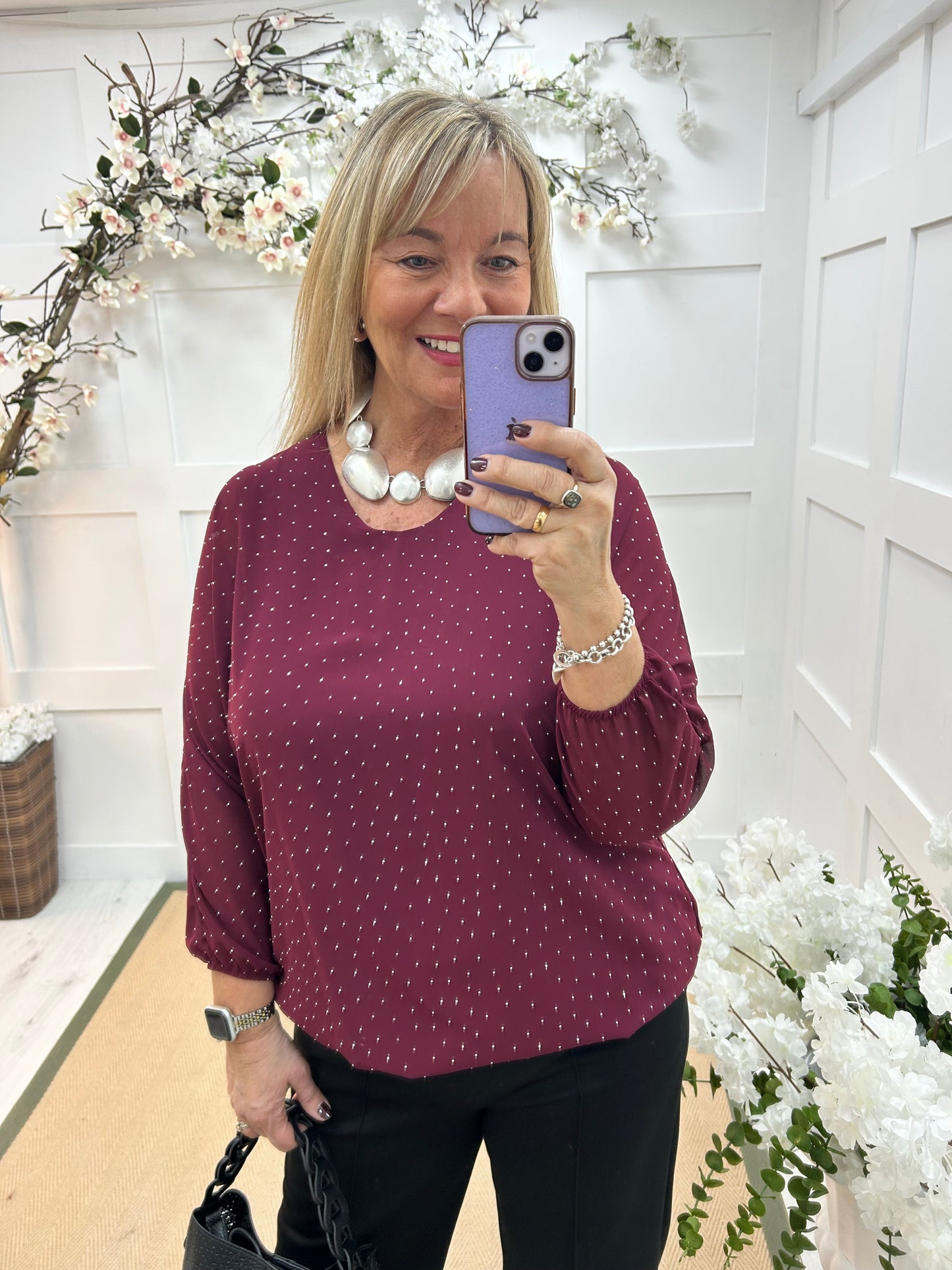 Ava: Burgundy diamanté sparkle top. One size: 12-18