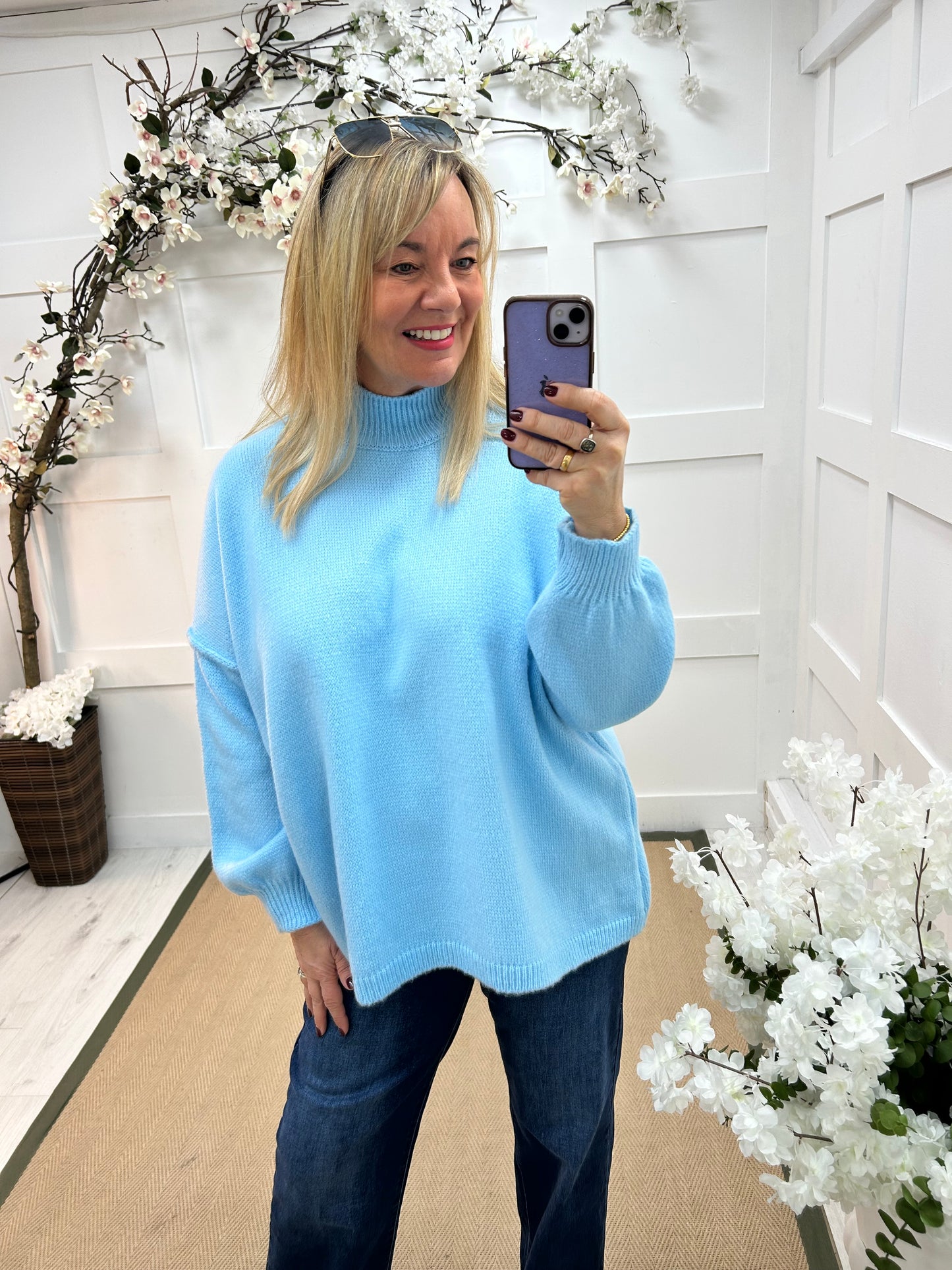 Amy: Baby blue oversized knitted top. One Sz: 14-20