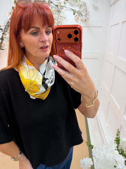 Iris: Yellow & black iris flower printed silky neck scarf